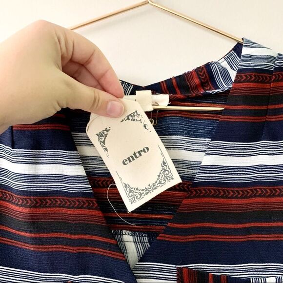 NWT Entro Rust Navy Blue Striped Spliced Back V Neck Long Sleeve Button Up Top - Picture 5 of 8